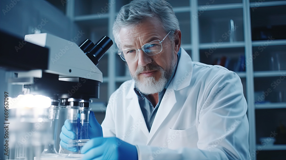 Serious scientist working with microscope in laboratory. Confident mature man in white coat and blue gloves looking at camera while doing research in scientific research laboratory Serious scientist working with microscope in laboratory. Confident mature man in white coat and blue gloves looking at camera while doing research in scientific research laboratory