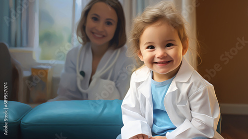 Portrait of cheerful child sitting with nurse AI gen