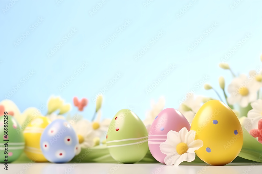 easter card, easter bunny with eggs, easter eggs and flowers, easter eggs in a basket, easter eggs and flowers on a white background, easter wall paper and background for social media