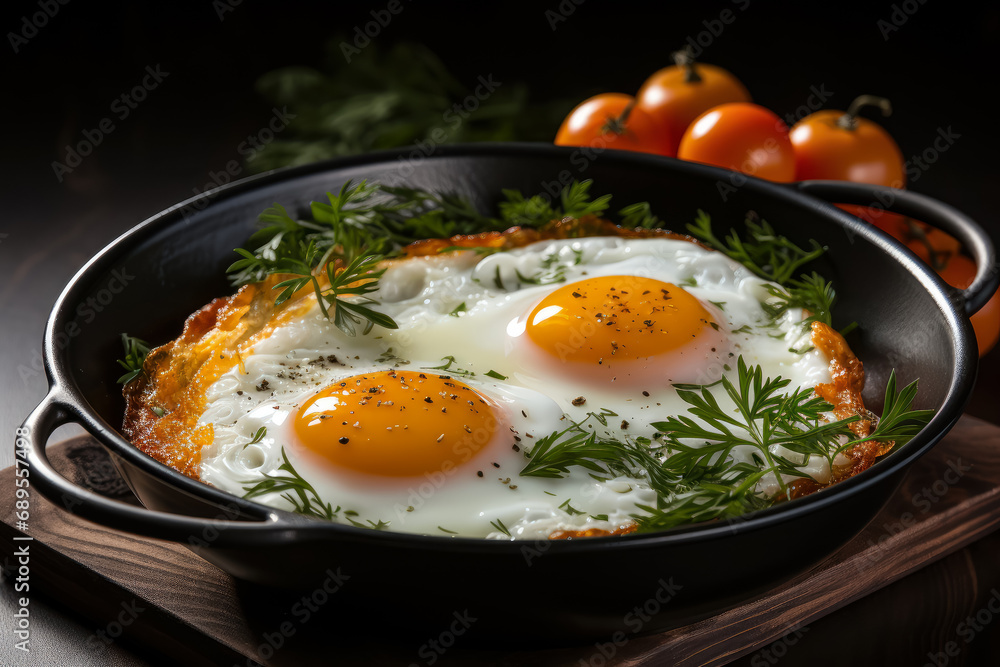 Fried egg close-up on black background. Generative AI. Fried egg close-up on black background. Generative AI.