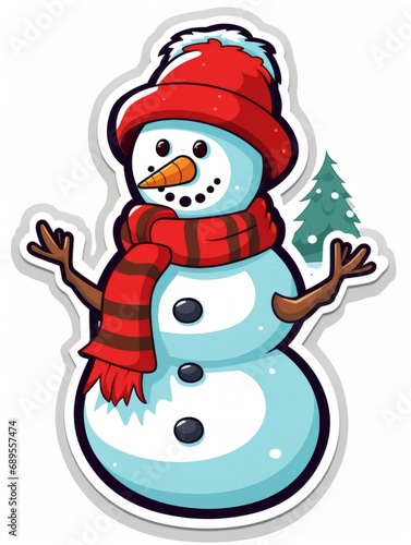 Snowman sticker with a scarf and hat on his head. The expression of a smile  AI