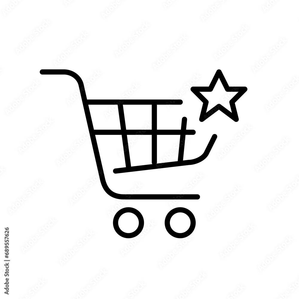 Shopping cart and star symbol. Add to favorites. Online store. Pixel perfect, editable stroke icon Shopping cart and star symbol. Add to favorites. Online store. Pixel perfect, editable stroke icon