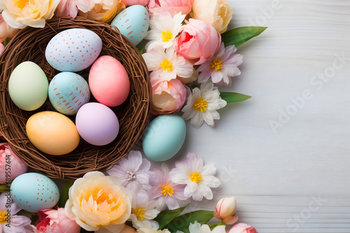 easter card, easter bunny with eggs, easter eggs and flowers, easter eggs in a basket, easter eggs and flowers on a white background, easter wall paper and background for social media