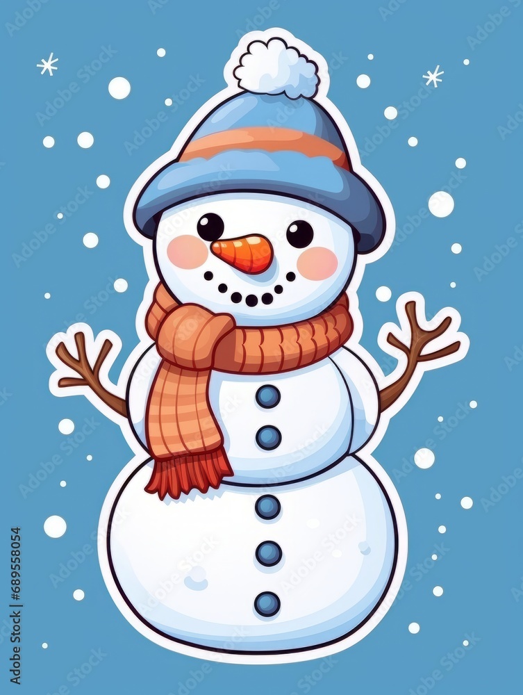 Snowman sticker with a scarf and hat on his head. The expression of a smile, AI