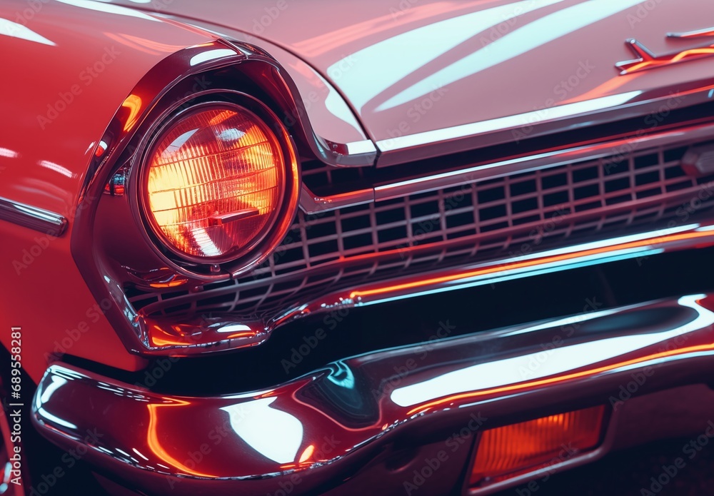 Classic vintage retro American sports car driving the street with neon glowing lights with film color filter effect. Generative AI