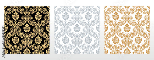Wallpapers in the style of Baroque. Seamless vector backgrounds. Set of colored floral ornaments. Graphic patterns for fabric, wallpaper, packaging. Ornate Damask flower ornaments