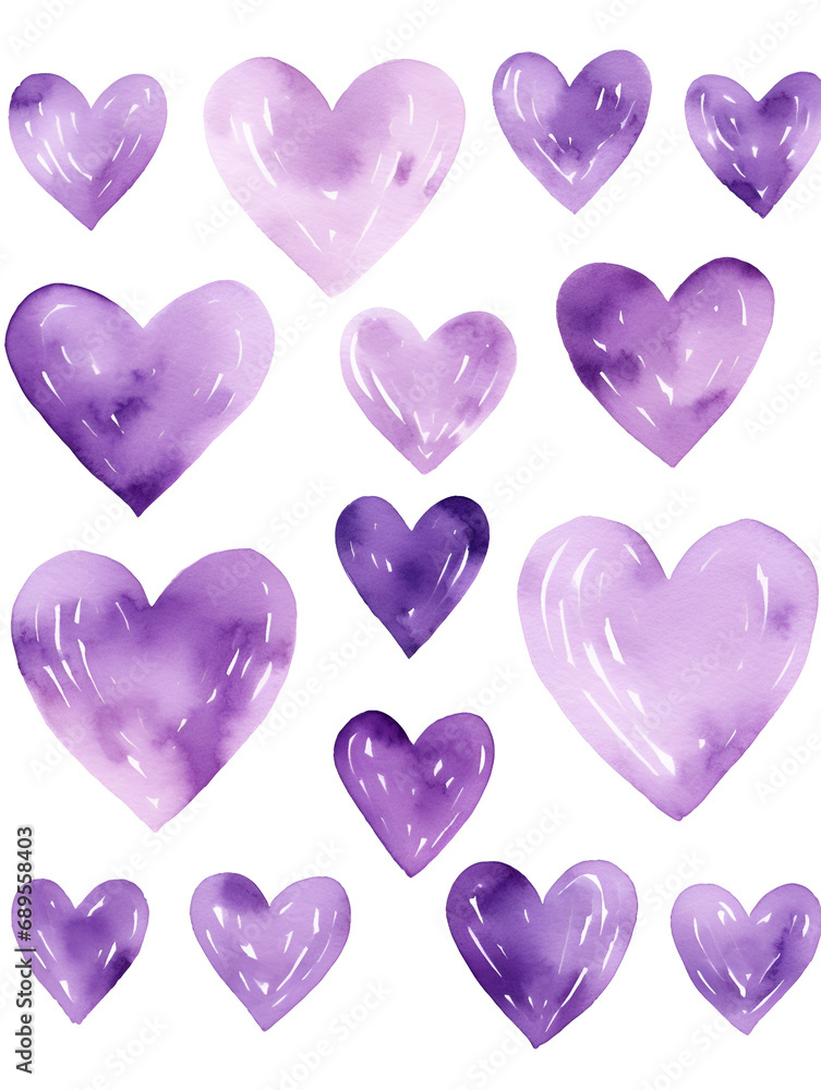 Watercolor set of Purple Hearts on white background 