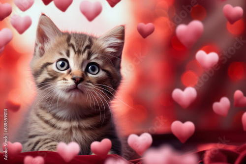 adorable kitten in red and pink hearts as background