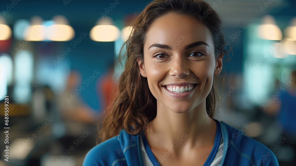 A cheerful and smiling female sports teacher at the fitness center