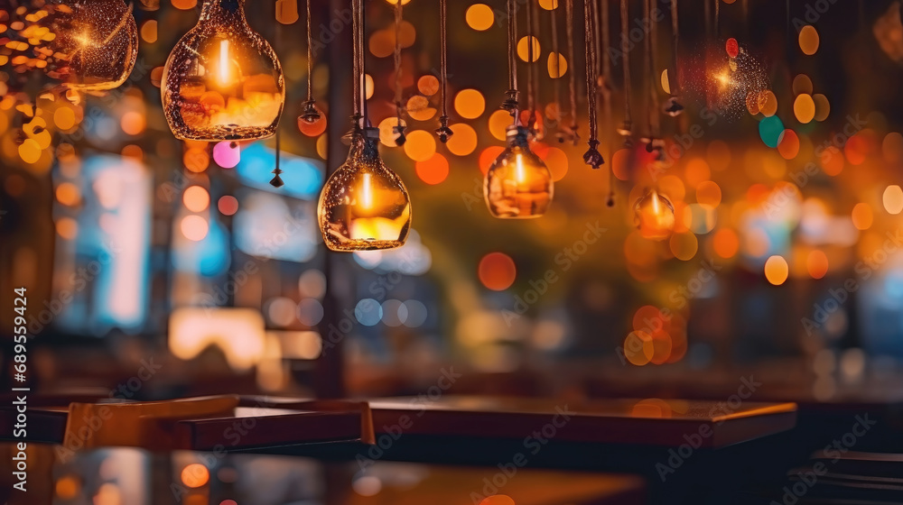 A restaurant adorned with abstract bokeh lights A restaurant adorned with abstract bokeh lights