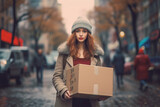 Pretty young woman holding a moving box on a street
