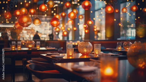 A restaurant adorned with abstract bokeh lights © didiksaputra