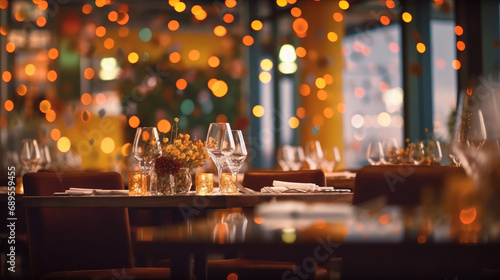 A restaurant adorned with abstract bokeh lights