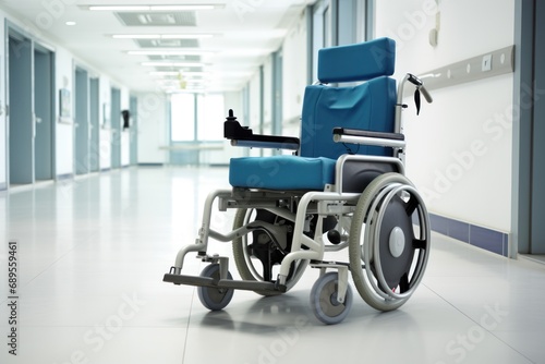 Modern electric wheelchair in hospital. Medical care. Collapsible wheelchair in empty corridor. Copy space. photo