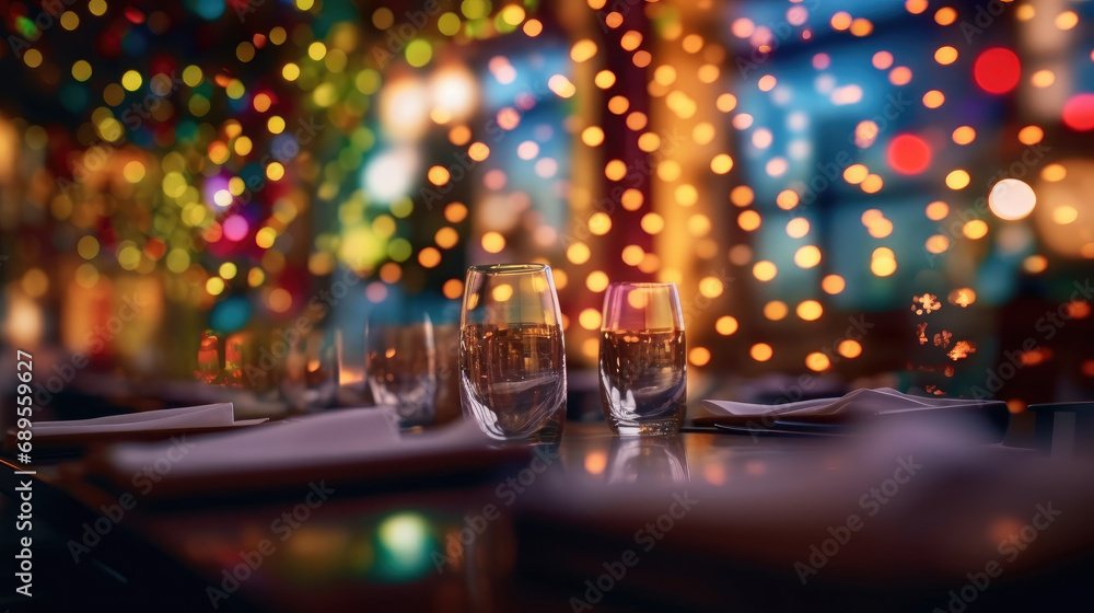 A restaurant adorned with abstract bokeh lights A restaurant adorned with abstract bokeh lights