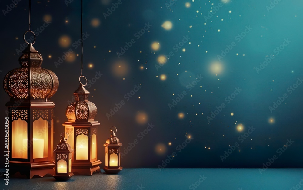 Happy Ramadan poster, copy space at the right. Muslim holiday banner with shining islamic lanterns, candles standing on the surface. Bokeh, de focus, blurred background. AI Generative. Happy Ramadan poster, copy space at the right. Muslim holiday banner with shining islamic lanterns, candles standing on the surface. Bokeh, de focus, blurred background. AI Generative.