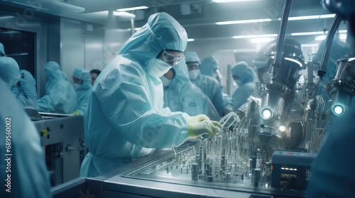 Workers wearing protective clothing are making medicine in a Pharmaceutical factory