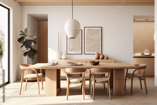 Dining room in a scandinavian style with neutral decor and lamp above the table, minimalist interior style. Generative AI