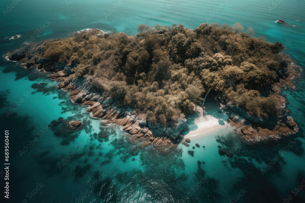 Obraz premium A tropical island in the middle of the ocean. Top view. Green palm trees and beach on the island. Generative AI