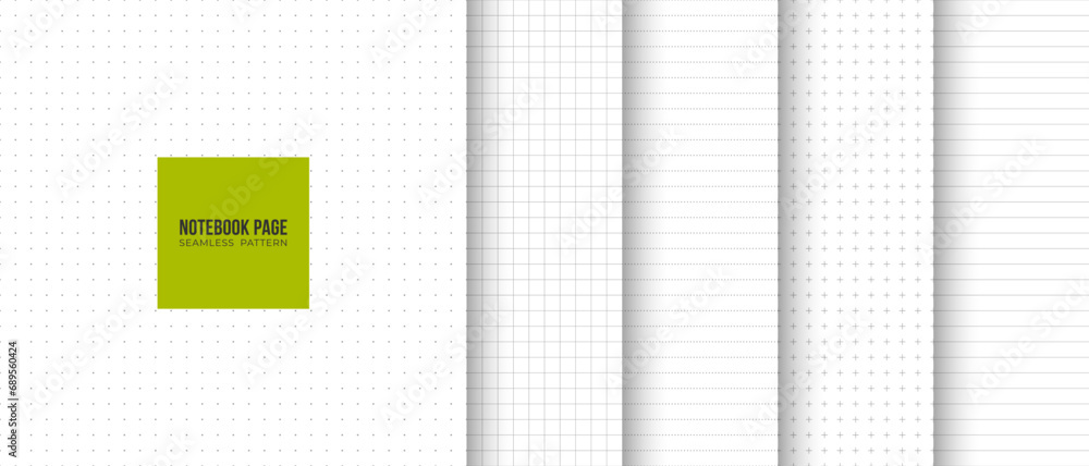 Collection of seamless geometric notepad page fill set in lined, squared, dotted, cross minimalistic pattern. Simple vector graphic white print background. Gray line abstract paper blank texture - obrazy, fototapety, plakaty 