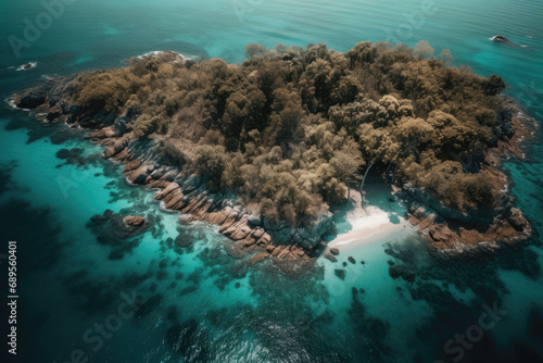 A tropical island in the middle of the ocean. Top view. Green palm trees and beach on the island. Generative AI