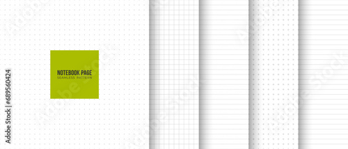 Collection of seamless geometric notepad page fill set in lined, squared, dotted, cross minimalistic pattern. Simple vector graphic white print background. Gray line abstract paper blank texture