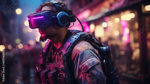 Soldier with a futuristic VR headset in city.