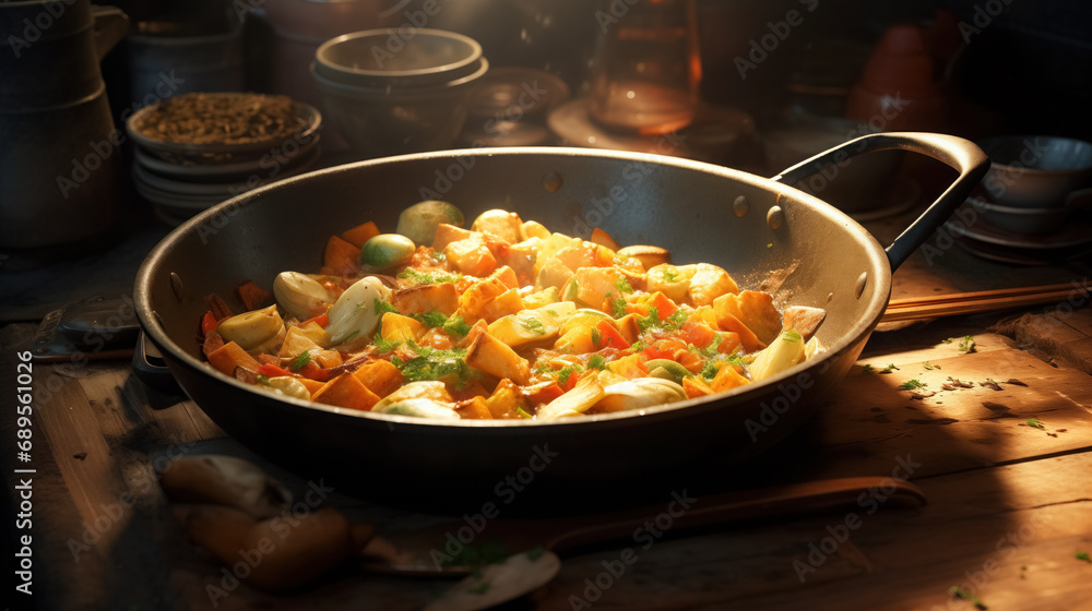 Stir-fry vegetables in sunlit pan.