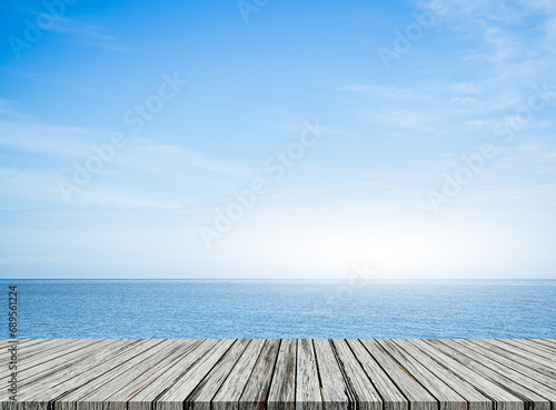 Travel concept,Sea Table Background Summer Tropical Blue Ocean with Sky Horizon Island Deck Mockup Stage Product Beauty Cosmetic Sunscreen for Tourism Vacation Relax Holiday, Nature Beautiful Scene.