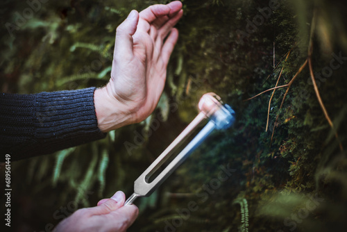 Hand Of Sound Healing Therapist Holding Healing Frequency Vibrating Tuning Fork