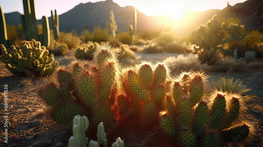 Cactus in the desert at sunrise - obrazy, fototapety, plakaty 