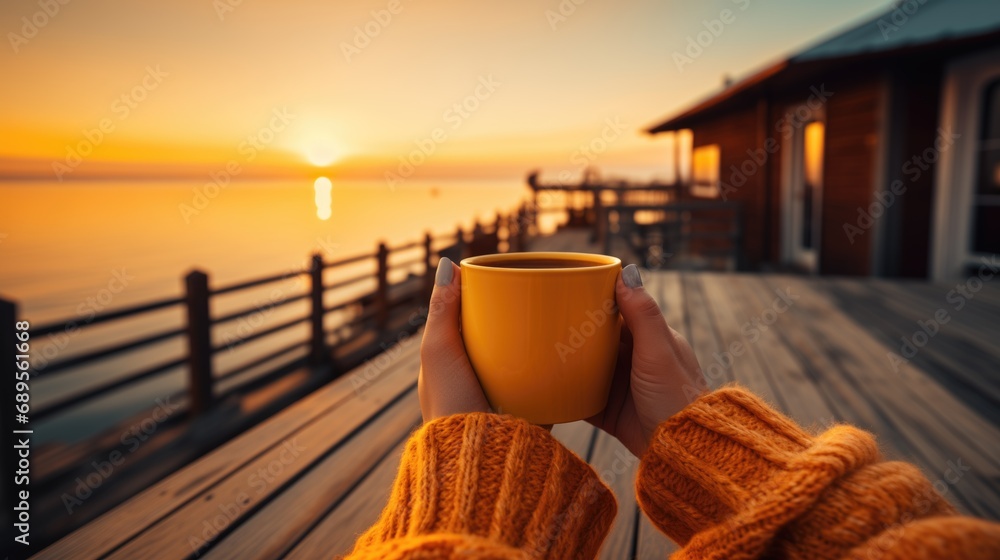 hand holding a cup with sunset over the sea