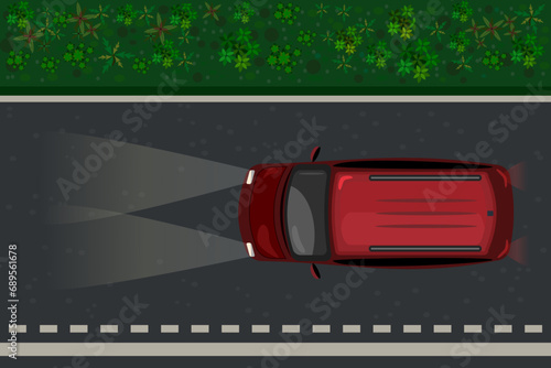 Car drive on road at night. Automobile ride on dark nighttime street. Vehicle driving on highway at dusk. Motor top view moving at evening on roadway. Stock vector illustration