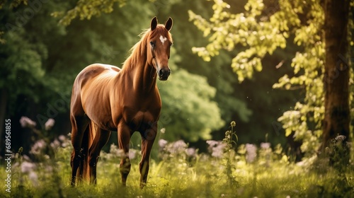 Graceful Thoroughbred Horse Grazing in a Rustic Meadow