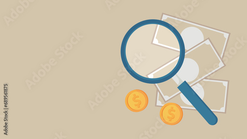 Magnifying glass, banknotes and dollar coins.