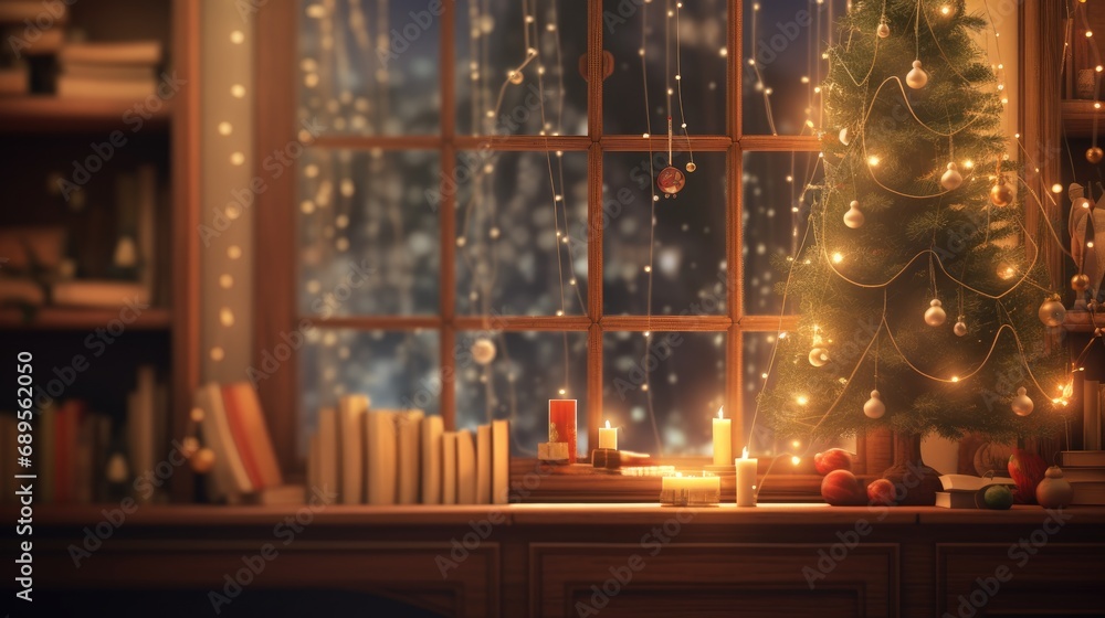 Decorated apartment with books and Christmas tree in Christmas style with bokeh
