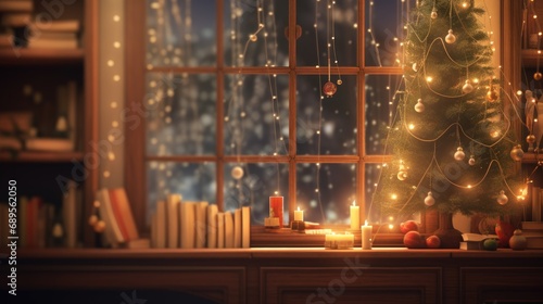 Decorated apartment with books and Christmas tree in Christmas style with bokeh