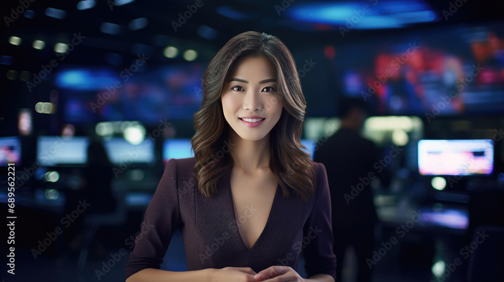 Fototapeta premium Beautiful female TV news anchor in news studio