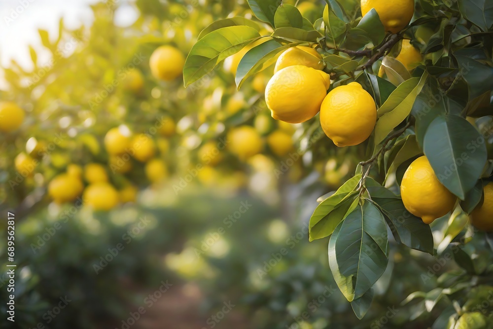 Close-up fresh lemons on the tree in farm. Created with Generative Ai technology.