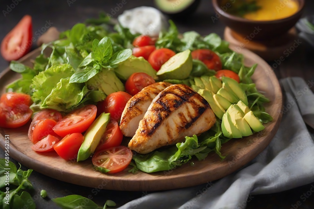 Close-up to Grilled chicken meat and fresh vegetable salad of tomato and avocado. Created with Generative Ai technology. Close-up to Grilled chicken meat and fresh vegetable salad of tomato and avocado. Created with Generative Ai technology.