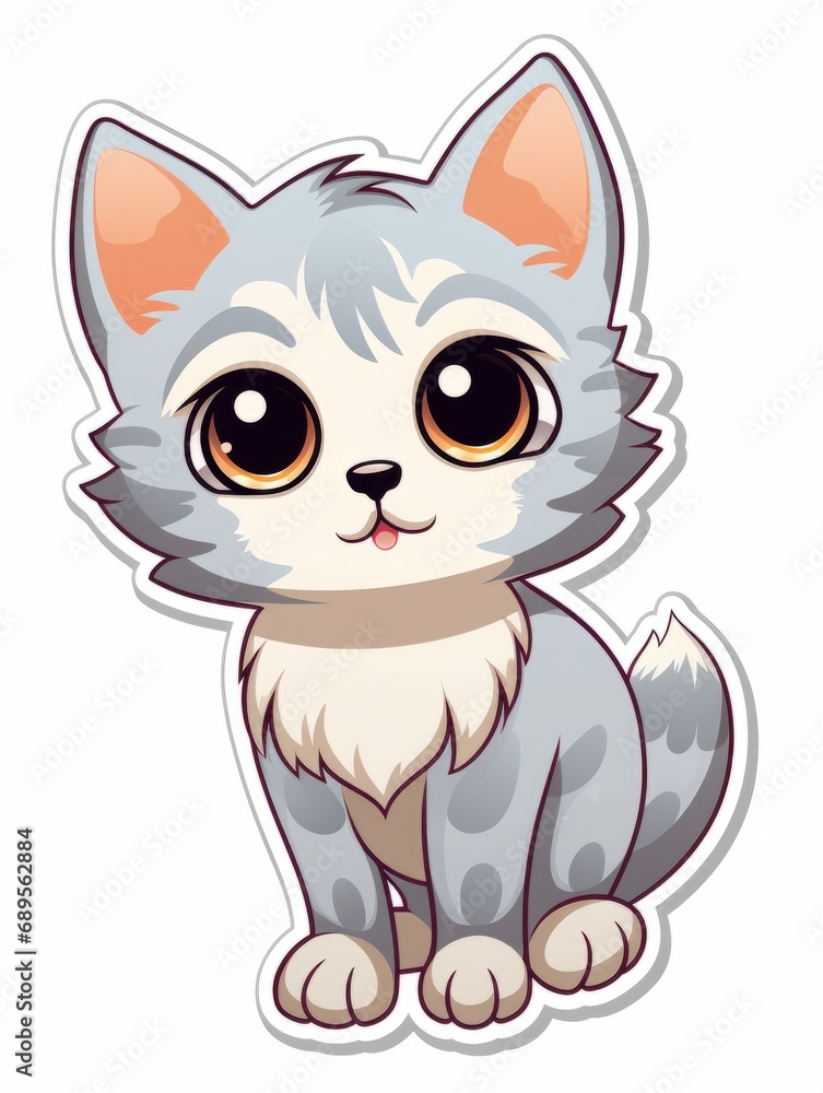 Funny Kitten sticker in cartoon style on white background isolated, AI Funny Kitten sticker in cartoon style on white background isolated, AI
