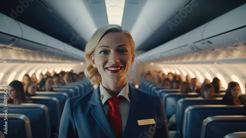 A woman works as a flight attendant on a passenger plane