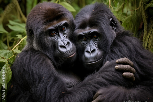 a pair of gorillas are hugging