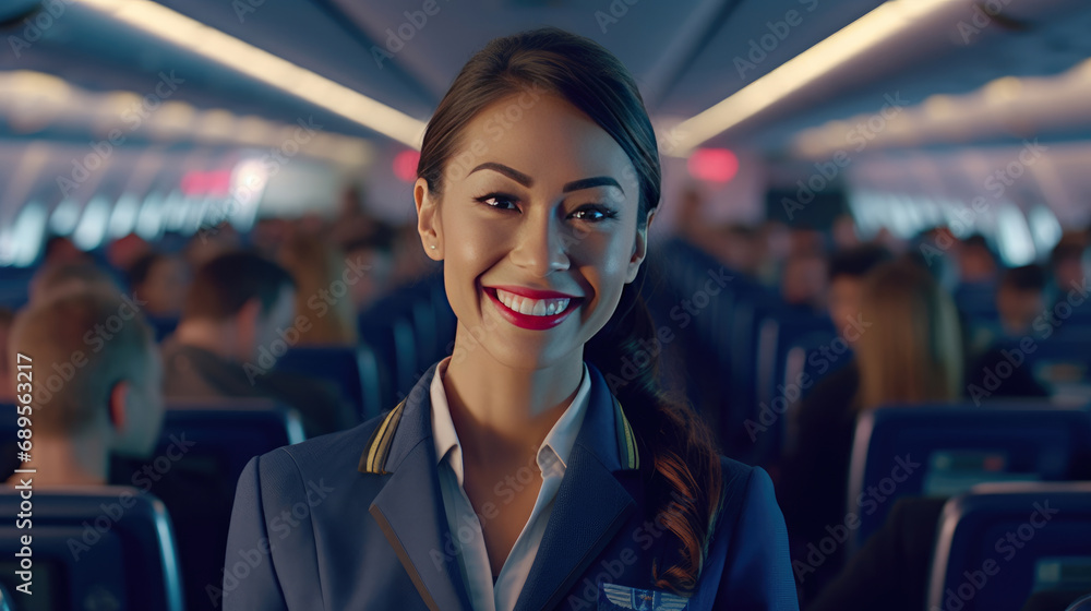 A woman works as a flight attendant on a passenger plane - obrazy, fototapety, plakaty 