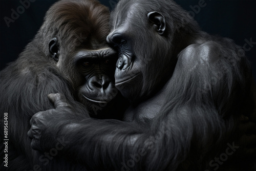 a pair of gorillas are hugging