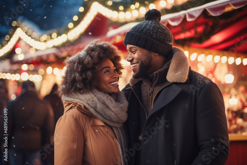 Happy black couple woman and man smiling, walk outside. Christmas holiday weekend. Decorated city lights garland.
