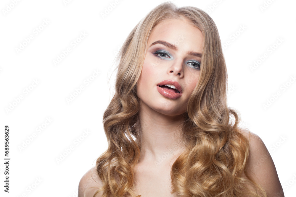 Pretty female face. Blonde woman with long curly hair and makeup studio portrait Pretty female face. Blonde woman with long curly hair and makeup studio portrait