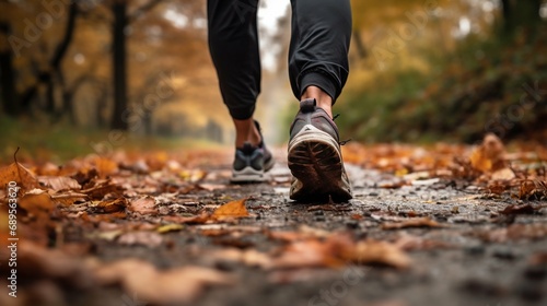 Autumn Jogging: Close-Up on Runner's Shoes Amongst Fallen Leaves. Generative ai