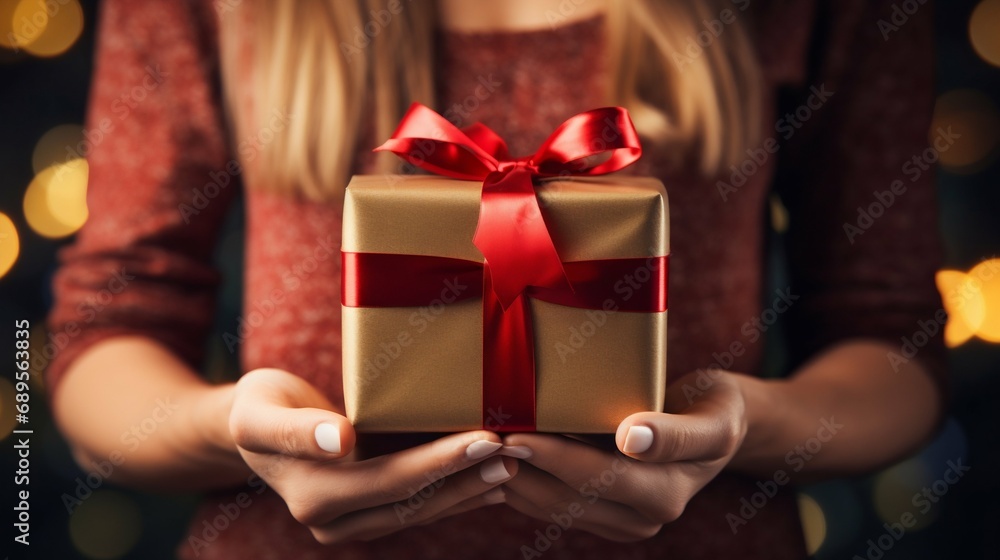 Elegant Gift Box with Ribbon in Female Hands. Generative ai
