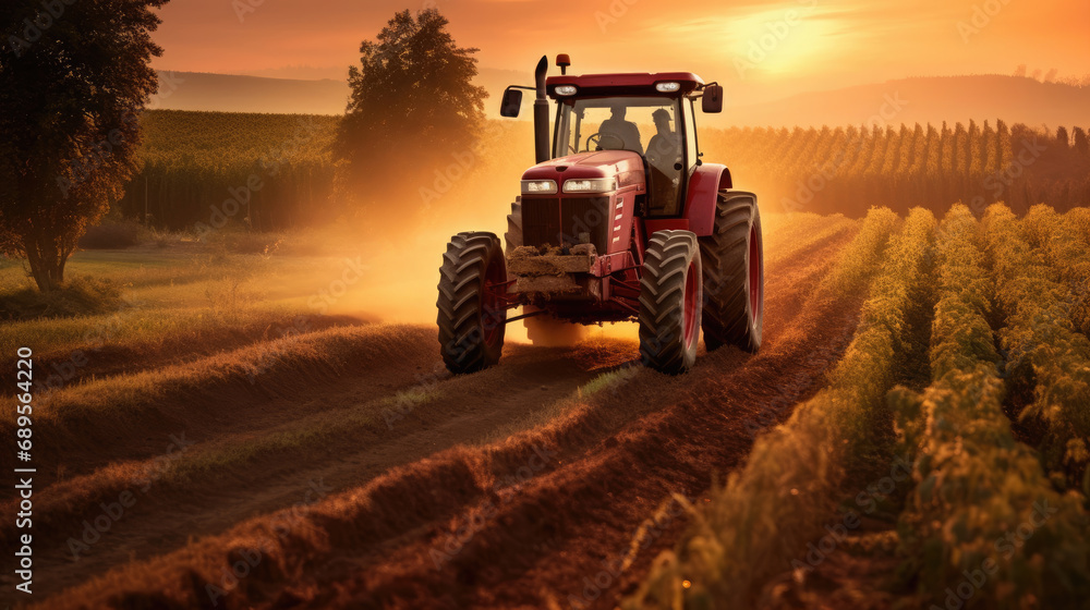 Fototapeta premium Agricultural tractor spraying plants in the morning sunlight